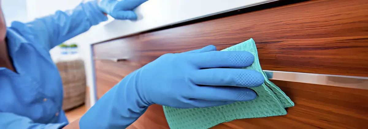Cleaner wearing blue gloves wiping a wooden cabinet drawer with a microfiber cloth for dust and grime removal, New Haven, CT.